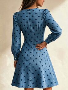 SHEIN Women's Street Style French Retro Pleated Polka Dot Denim Effect Print Long Sleeve Dress Brunch Navy Blue Polka Dot Autumn - Blue - View 3