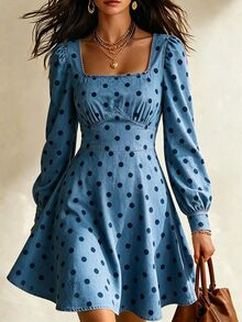 SHEIN Women's Street Style French Retro Pleated Polka Dot Denim Effect Print Long Sleeve Dress Brunch Navy Blue Polka Dot Autumn - Blue - View 6