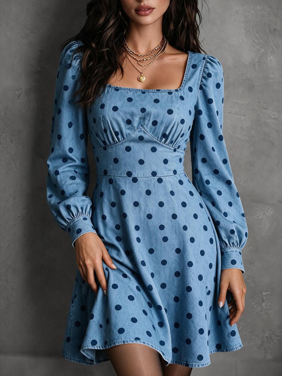 SHEIN Women's Street Style French Retro Pleated Polka Dot Denim Effect Print Long Sleeve Dress Brunch Navy Blue Polka Dot Autumn