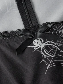 ROMWE Dark Gothic Witch Lace Patchwork Doll Print Women's Short Plus Size Dress Halloween - Black - View 4