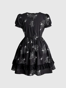 ROMWE Dark Gothic Witch Lace Patchwork Doll Print Women's Short Plus Size Dress Halloween - Black - View 2