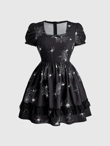 ROMWE Dark Gothic Witch Lace Patchwork Doll Print Women's Short Plus Size Dress Halloween - Black - View 3