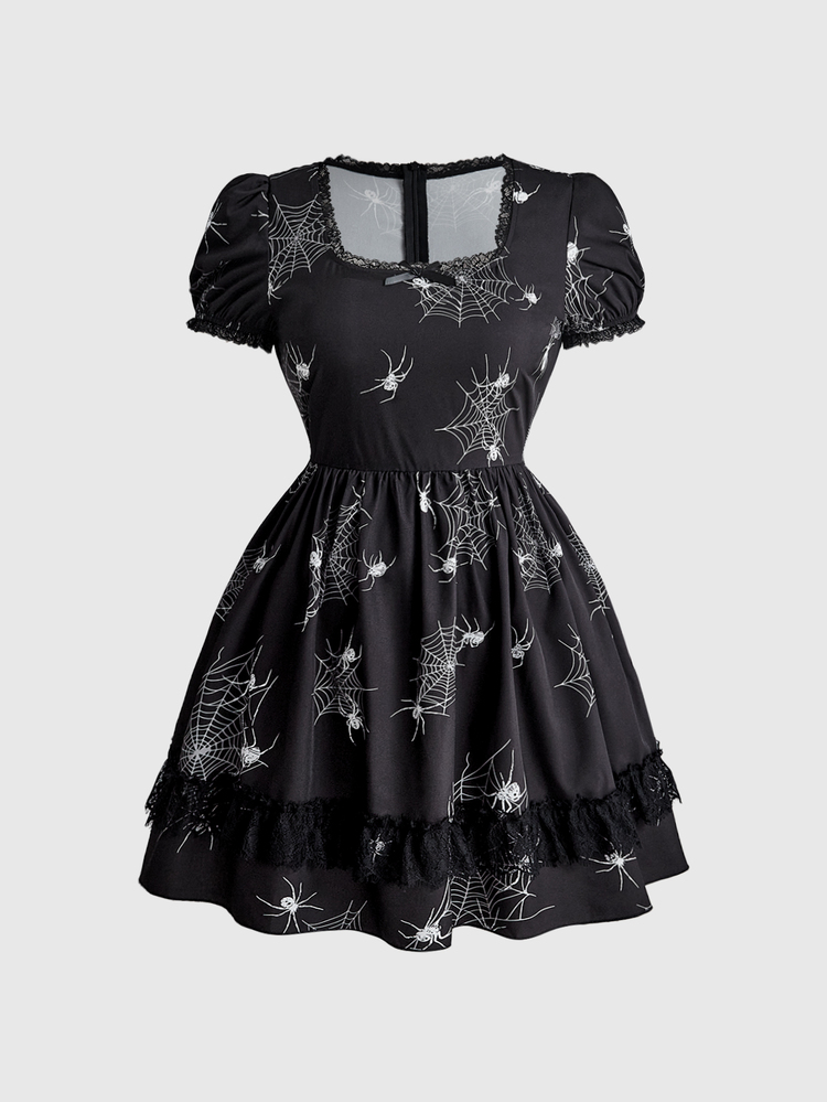 ROMWE Dark Gothic Witch Lace Patchwork Doll Print Women's Short Plus Size Dress Halloween - Black - View 3