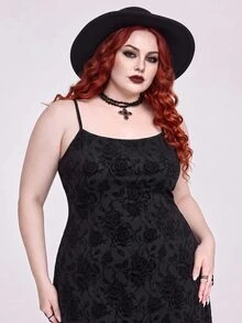 ROMWE Goth 大尺碼女款花卉印花休閒派對細肩帶洋裝 - 黑色 - 查看 1