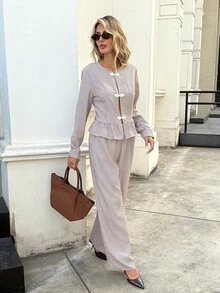 Serisse Brown Striped, Button-Down, Ruffled, Long-Sleeved Top And Wide-Leg Trousers Set For Autumn, A Casual Two Pieces Women's Set.,Winter Set ,Striped Shirt - Brown - View 11