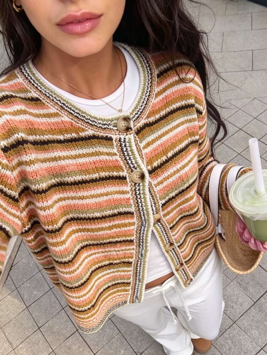 Autumina Fashionable Loose Colorful Women's Cardigan - Multicolor - View 1