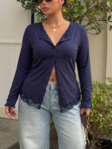 Muchica Plus Size Women's Solid Color Casual Versatile Daily Wear T-Shirt - Navy Blue - View 4
