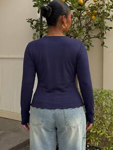 Muchica Plus Size Women's Solid Color Casual Versatile Daily Wear T-Shirt - Navy Blue - View 2