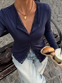 Muchica Plus Size Women's Solid Color Casual Versatile Daily Wear T-Shirt - Navy Blue - View 6