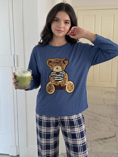 SHEIN Teenager Bear Long Sleeve Crew Neck Pullover Loungewear Blue Plaid Loose Fit