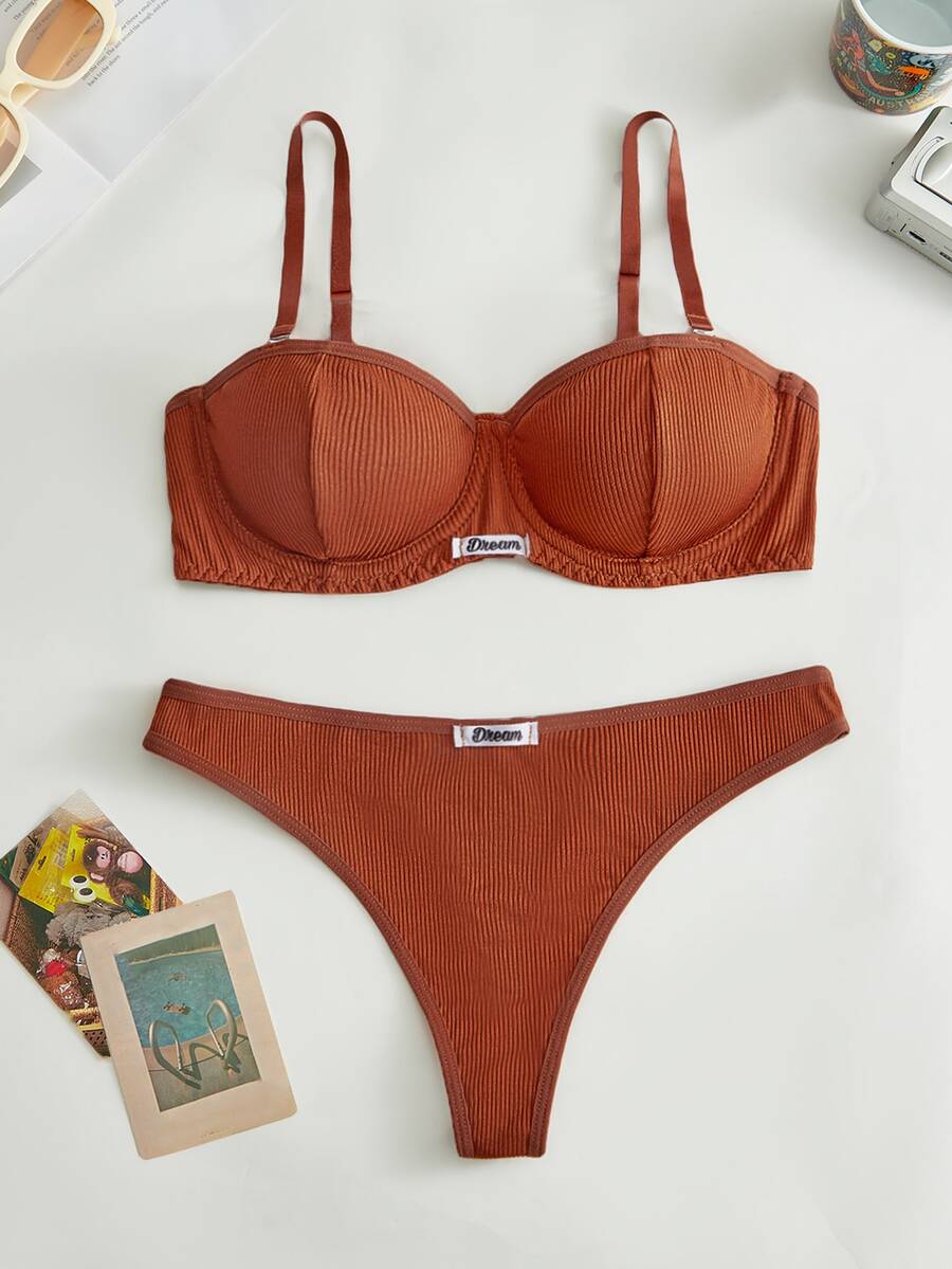 Lowkey Lull 2pcs Underwire 1/2 Cup Push-Up Minimalist Comfortable High Elasticity High Support Women's Bra Set - Brown - View 1