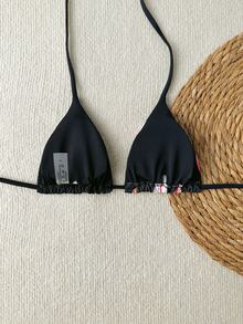 SHEIN Swim New Summer Fashion Beachwear: Sexy And Elegant Floral Print Bikini Top –Swimsuits For Woman.Vacation Outfits Women. - Black - View 3