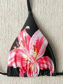 SHEIN Swim New Summer Fashion Beachwear: Sexy And Elegant Floral Print Bikini Top –Swimsuits For Woman.Vacation Outfits Women. - Black - View 5