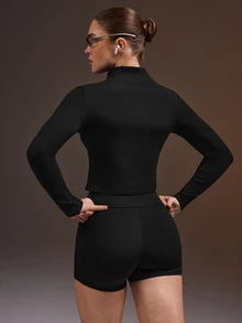Powerista Women's Solid Color Long Sleeve Zip-Up Fitted Sports Jacket Workouts Casual Wear Going Out Daily Wear Going Out Gym Fitness Running Brushed For Warmth - Black - View 4