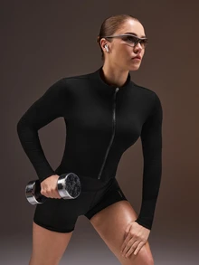 Powerista Women's Solid Color Long Sleeve Zip-Up Fitted Sports Jacket Workouts Casual Wear Going Out Daily Wear Going Out Gym Fitness Running Brushed For Warmth - Black - View 10
