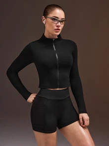 Powerista Women's Solid Color Long Sleeve Zip-Up Fitted Sports Jacket Workouts Casual Wear Going Out Daily Wear Going Out Gym Fitness Running Brushed For Warmth - Black - View 7