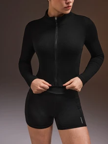 Powerista Women's Solid Color Long Sleeve Zip-Up Fitted Sports Jacket Workouts Casual Wear Going Out Daily Wear Going Out Gym Fitness Running Brushed For Warmth - Black - View 9