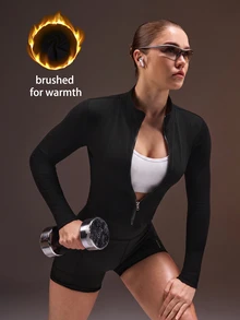 Powerista Women's Solid Color Long Sleeve Zip-Up Fitted Sports Jacket Workouts Casual Wear Going Out Daily Wear Going Out Gym Fitness Running Brushed For Warmth - Black - View 2