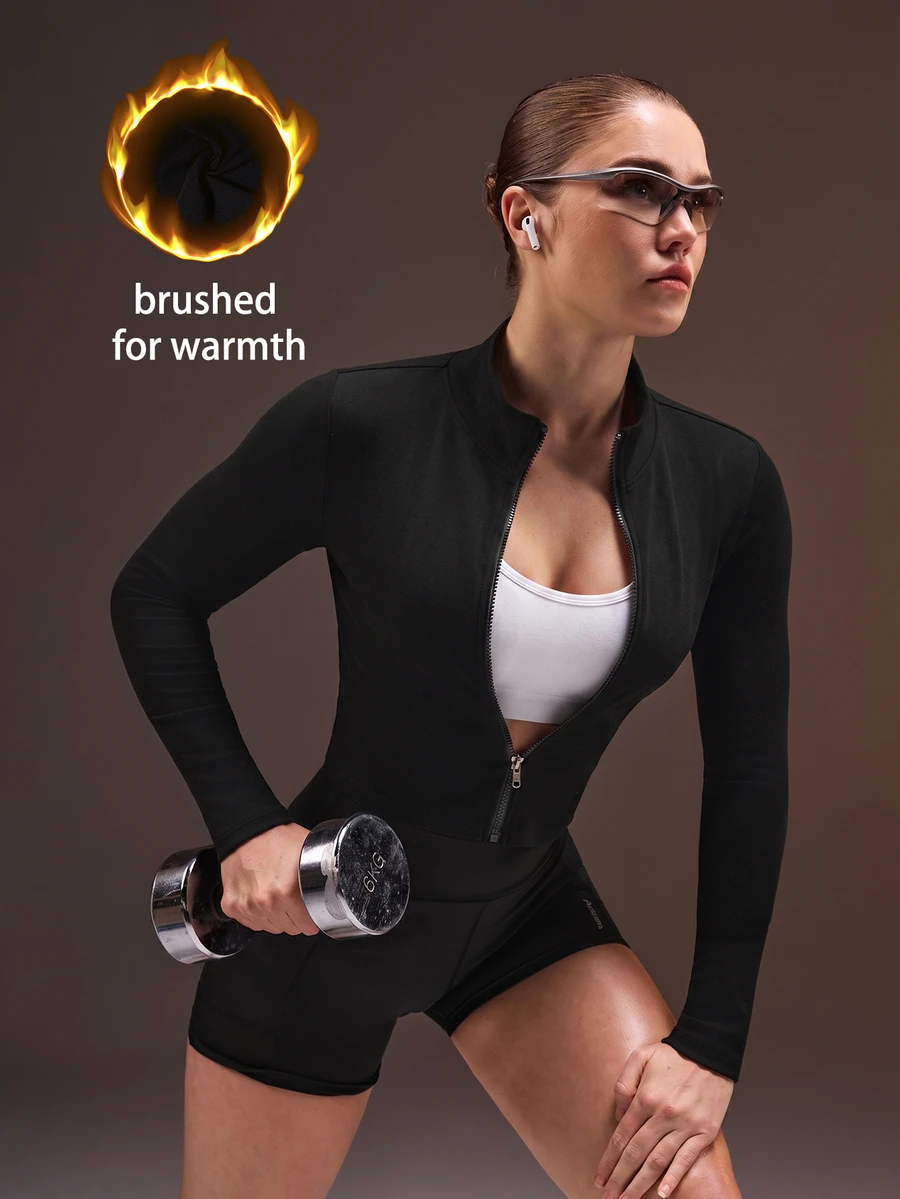 Powerista Women's Solid Color Long Sleeve Zip-Up Fitted Sports Jacket Workouts Casual Wear Going Out Daily Wear Going Out Gym Fitness Running Brushed For Warmth