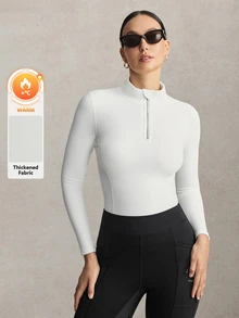 Activina Women's Solid Color Half-Zip Equestrian Top Brushed, Thickened, Long-Sleeved, Breathable, And Elegant Fabric Perfect For Autumn And Winter Workout - White - View 3