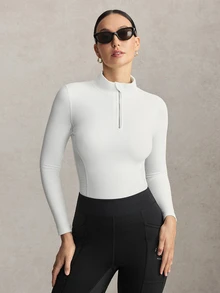 Activina Women's Solid Color Half-Zip Equestrian Top Brushed, Thickened, Long-Sleeved, Breathable, And Elegant Fabric Perfect For Autumn And Winter Workout - White - View 7