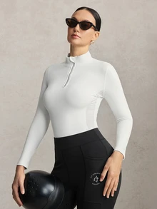 Activina Women's Solid Color Half-Zip Equestrian Top Brushed, Thickened, Long-Sleeved, Breathable, And Elegant Fabric Perfect For Autumn And Winter Workout - White - View 5