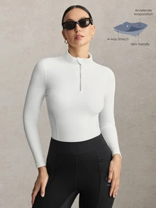 Activina Women's Solid Color Half-Zip Equestrian Top Brushed, Thickened, Long-Sleeved, Breathable, And Elegant Fabric Perfect For Autumn And Winter Workout - White - View 10