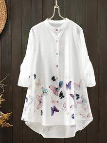 Lacomfia Plus Size Women's Fashionable Butterfly Printed Long Sleeve Shirt Fall Cloth For Women - White - View 3