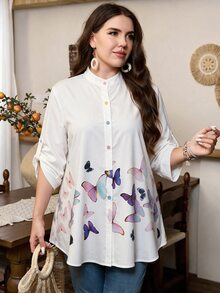 Lacomfia Plus Size Women's Fashionable Butterfly Printed Long Sleeve Shirt Fall Cloth For Women - White - View 1
