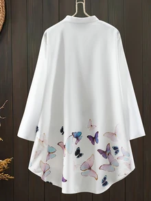 Lacomfia Plus Size Women's Fashionable Butterfly Printed Long Sleeve Shirt Fall Cloth For Women - White - View 2