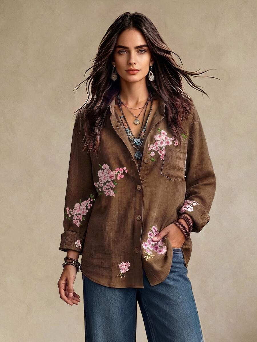 OPHERINE 女款時尚休閒波西米亞極簡浪漫度假風刺繡花卉長袖鈕扣襯衫，適合早午餐，棕色，秋季