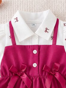 SHEIN 女嬰領口泡泡袖 2 合 1 A 字洋裝 酒紅色 秋季 可愛伴娘款 親子套裝 開學季 正式甜美俏皮層次造型 - 玫紅色 - 查看 7