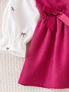 SHEIN 女嬰領口泡泡袖 2 合 1 A 字洋裝 酒紅色 秋季 可愛伴娘款 親子套裝 開學季 正式甜美俏皮層次造型 - 玫紅色 - 查看 3