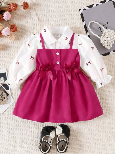 SHEIN Playful Pals Baby Girls' Collared Puff Sleeve 2 In 1 A-Line Dress Burgundy Autumn Cute Bridesmaid Matching Family Back-To-School Formal Sweet Playful Layered Look