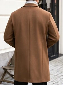 Manfinity CasualCool 男士純色口袋鈕扣前襟長袖大衣，適合秋冬冬季儀式場合 - 棕色 - 查看 2