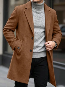 Manfinity CasualCool 男士純色口袋鈕扣前襟長袖大衣，適合秋冬冬季儀式場合 - 棕色 - 查看 3