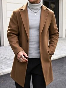 Manfinity CasualCool 男士純色口袋鈕扣前襟長袖大衣，適合秋冬冬季儀式場合 - 棕色 - 查看 6