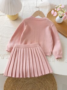 SHEIN Young Girl Bow Decor Long Sleeve Knit Cardigan And Pleated Knit Skirt Set Autumn Fall Pullover - Pink - View 3