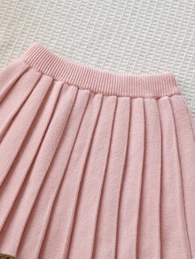 SHEIN Young Girl Bow Decor Long Sleeve Knit Cardigan And Pleated Knit Skirt Set Autumn Fall Pullover - Pink - View 8