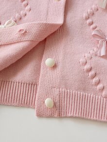 SHEIN Young Girl Bow Decor Long Sleeve Knit Cardigan And Pleated Knit Skirt Set Autumn Fall Pullover - Pink - View 7