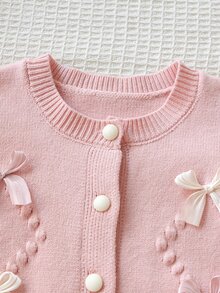 SHEIN Young Girl Bow Decor Long Sleeve Knit Cardigan And Pleated Knit Skirt Set Autumn Fall Pullover - Pink - View 4