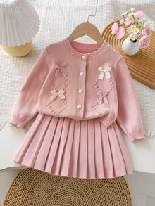 SHEIN Young Girl Bow Decor Long Sleeve Knit Cardigan And Pleated Knit Skirt Set Autumn Fall Pullover - Pink - View 9