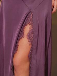 Maija 2026 Women's Lace Patchwork Cap Sleeve Round Neck High Slit Dress Suitable For Summer Party Date Night Deep Purple Elegant Sexy - Purple - View 9