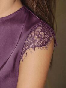 Maija 2026 Women's Lace Patchwork Cap Sleeve Round Neck High Slit Dress Suitable For Summer Party Date Night Deep Purple Elegant Sexy - Purple - View 8