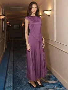 Maija 2026 Women's Lace Patchwork Cap Sleeve Round Neck High Slit Dress Suitable For Summer Party Date Night Deep Purple Elegant Sexy - Purple - View 7