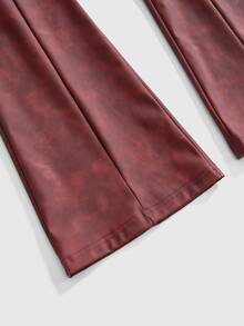 ROMWE Fall/Winter Y2K Sexy Hip-Cutout Textured PU Skinny Flare Pants - Burgundy - View 7