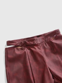 ROMWE Fall/Winter Y2K Sexy Hip-Cutout Textured PU Skinny Flare Pants - Burgundy - View 6