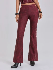 ROMWE Fall/Winter Y2K Sexy Hip-Cutout Textured PU Skinny Flare Pants - Burgundy - View 4