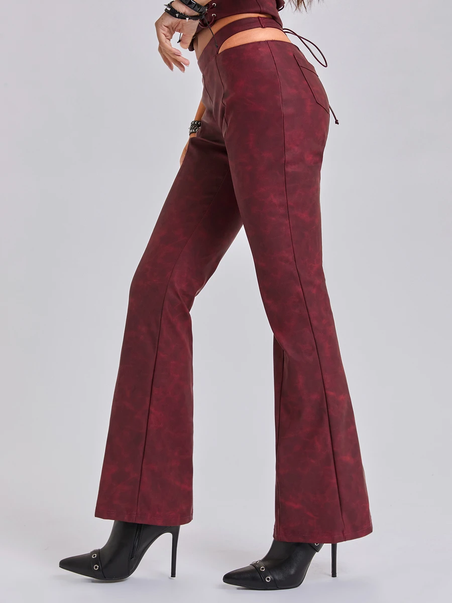 ROMWE Fall/Winter Y2K Sexy Hip-Cutout Textured PU Skinny Flare Pants - Burgundy - View 1