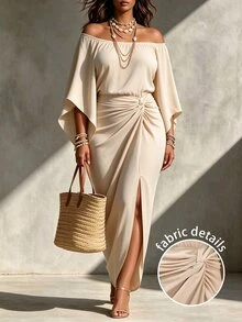 Linhara CURVE Plus Size Cold Shoulder Flutter Sleeve Side Knot Fitted Bodycon Dress, Off-Shoulder Bell Sleeve Twisted Waist Party Dress - Apricot - View 1